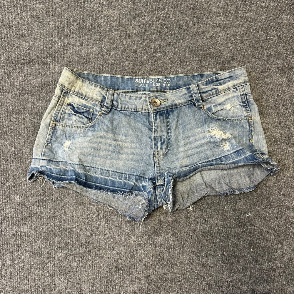 Suiteblanco Denim Shorts Womens Size 10 Blue Distressed Raw Hem Low Rise Mini